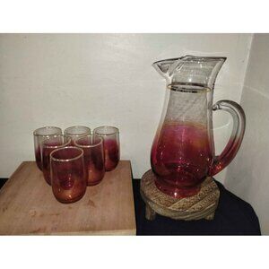Vintage 1950s Hand Blown Cranberry Red Blendo Glass Drink Set - Service for 6